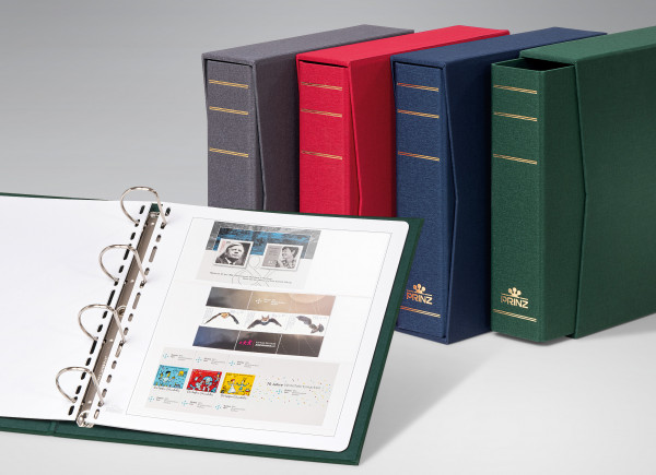 Format W x H 320 x 315 mm, standard 4-D ring mechanism (80-80-80), for max.  80 sheets, format max. W x H 267 x 295 mm, protective slipcase with linen  cover in 4 colours.